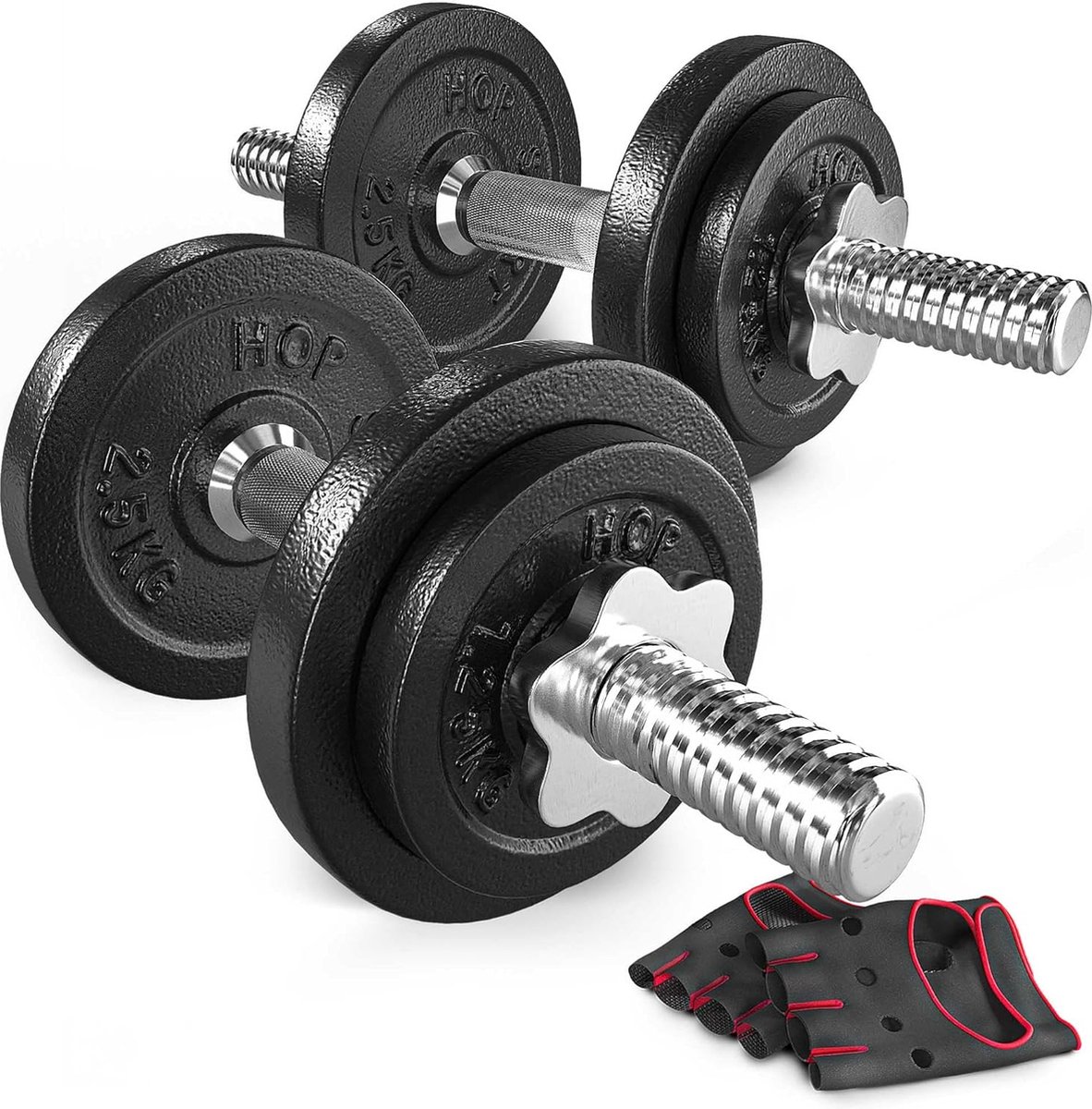 Hop-Sport Halterset 20 kg – Gietijzeren Gewichten met Halterstang en Trainingshandschoenen