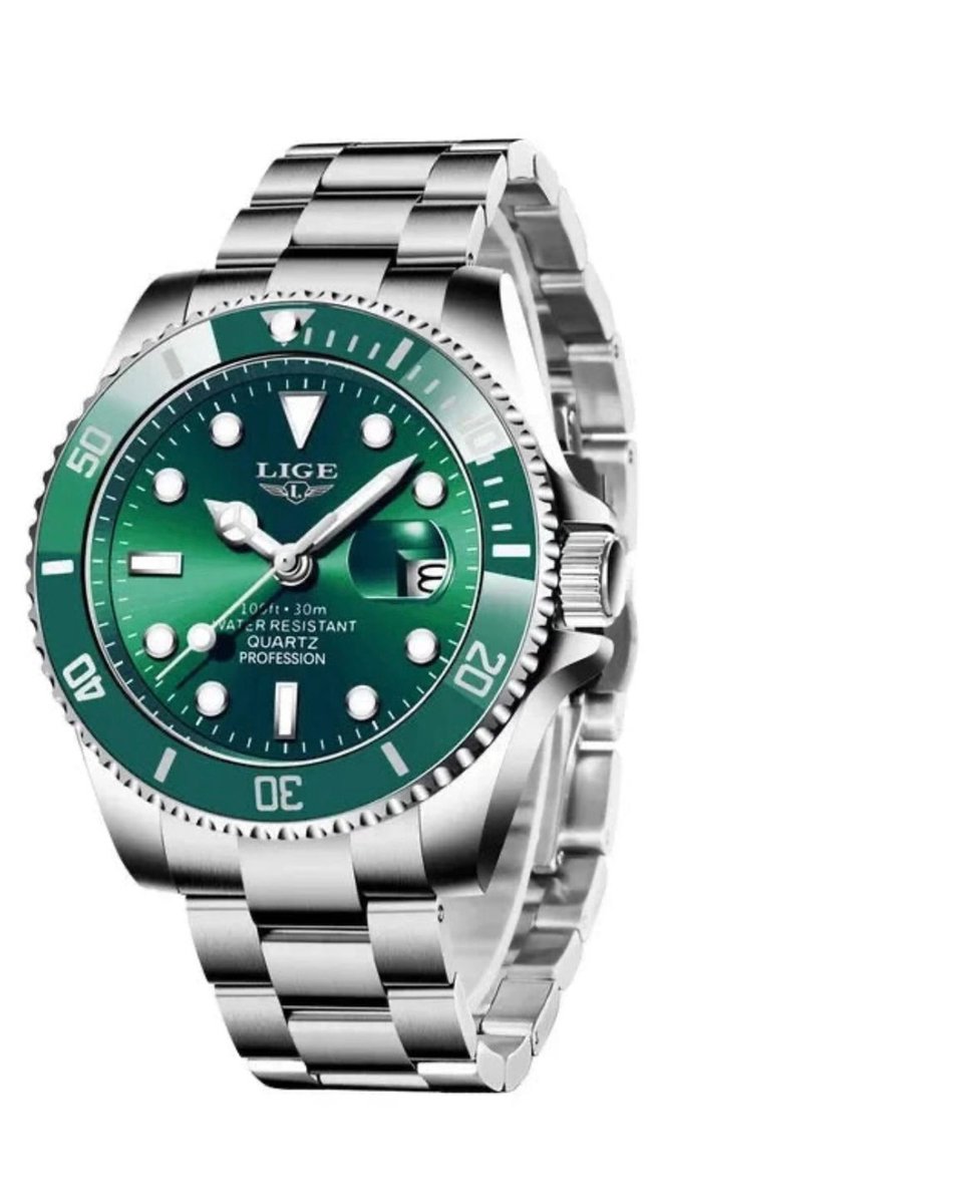 Lige-Luxe Herenhorloge - Mannen - Zilveren Polsband - Zilver en Groen - Luxe Doos -