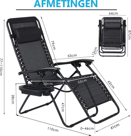 Meisterhome® Opvouwbare tuinstoelen - set van 2 stuks - Inclusief Hoofdkussen en bekerhouder - Zonnebed - Tuinstoel - Ligstoel - Campingstoel - Verstelbaar - Tuin - Weerbestendig - Zwart van Meisterhome — afbeelding 4