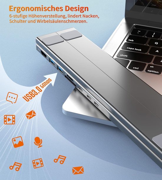 ACT Laptop stand with docking station 1 x HDMI Gigabit Ethernet 2 x USB-A 3.2 2 x USB-C PD Pass-through card-reader aluminium