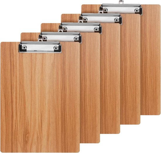 A4 klembord, 5 stuks mappen met laag profiel clip en ophanggat, houten klemborden hardboard