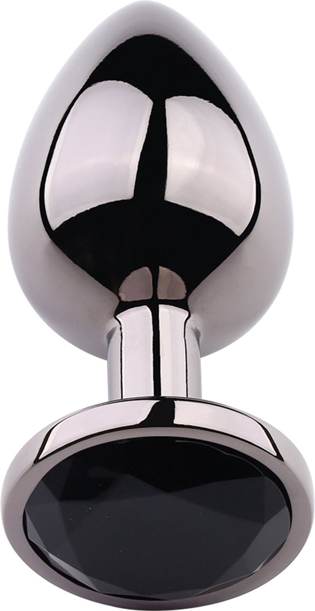 PLGZ - Rosebud Metalen Buttplug - Zwart Metallic - Zwarte Siersteen - Verkrijgbaar in 3 maten Large