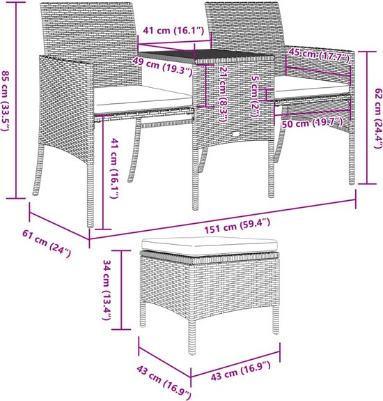 vidaXL - Banc de jardin - 2 places - avec - table - et - repose-pieds - poly - rotin - marron