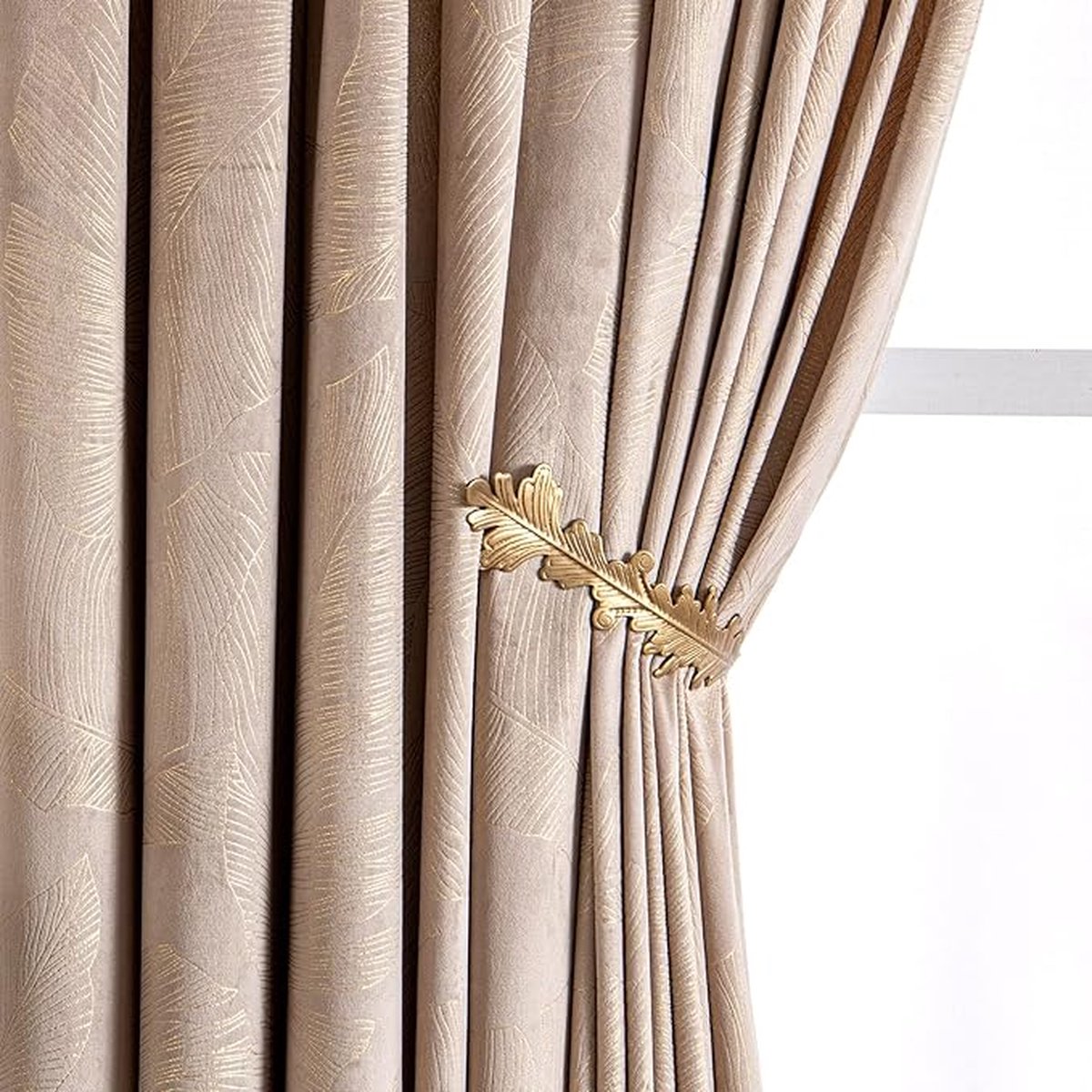 Clord - Gordijnen - Fluweel - Bladerpatroon Goudfolie - Beige - Ondoorzichtig - 2 Stuks - 225 cm Hoog