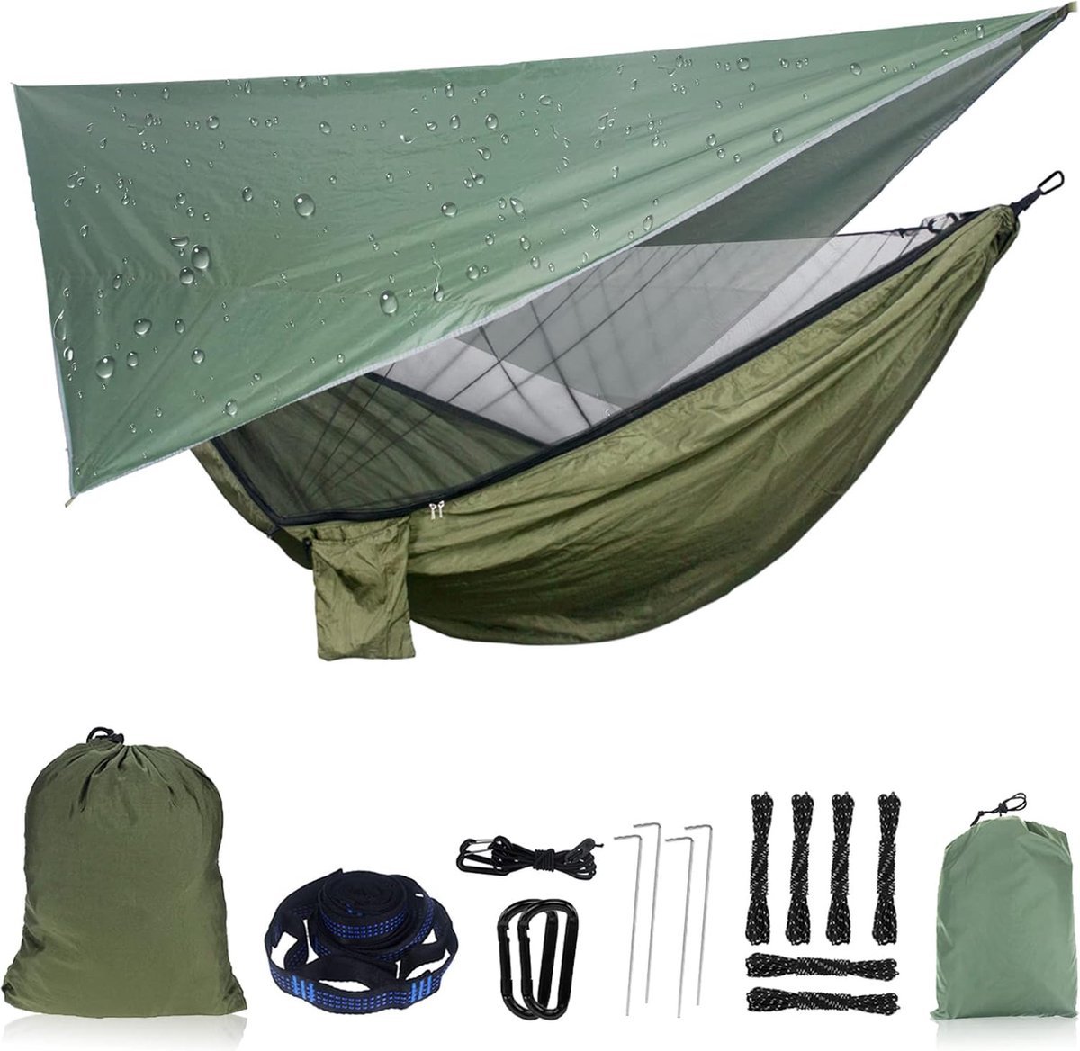 Hangmat met klamboe en regenvliegzeil - Enkele parachutehangmat set - Zwart - Voor buiten, backpacken, wandelen