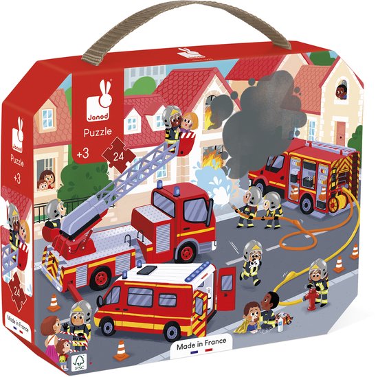 Boîte d'un puzzle Janod 'Les pompiers' montrant des camions et des pompiers.