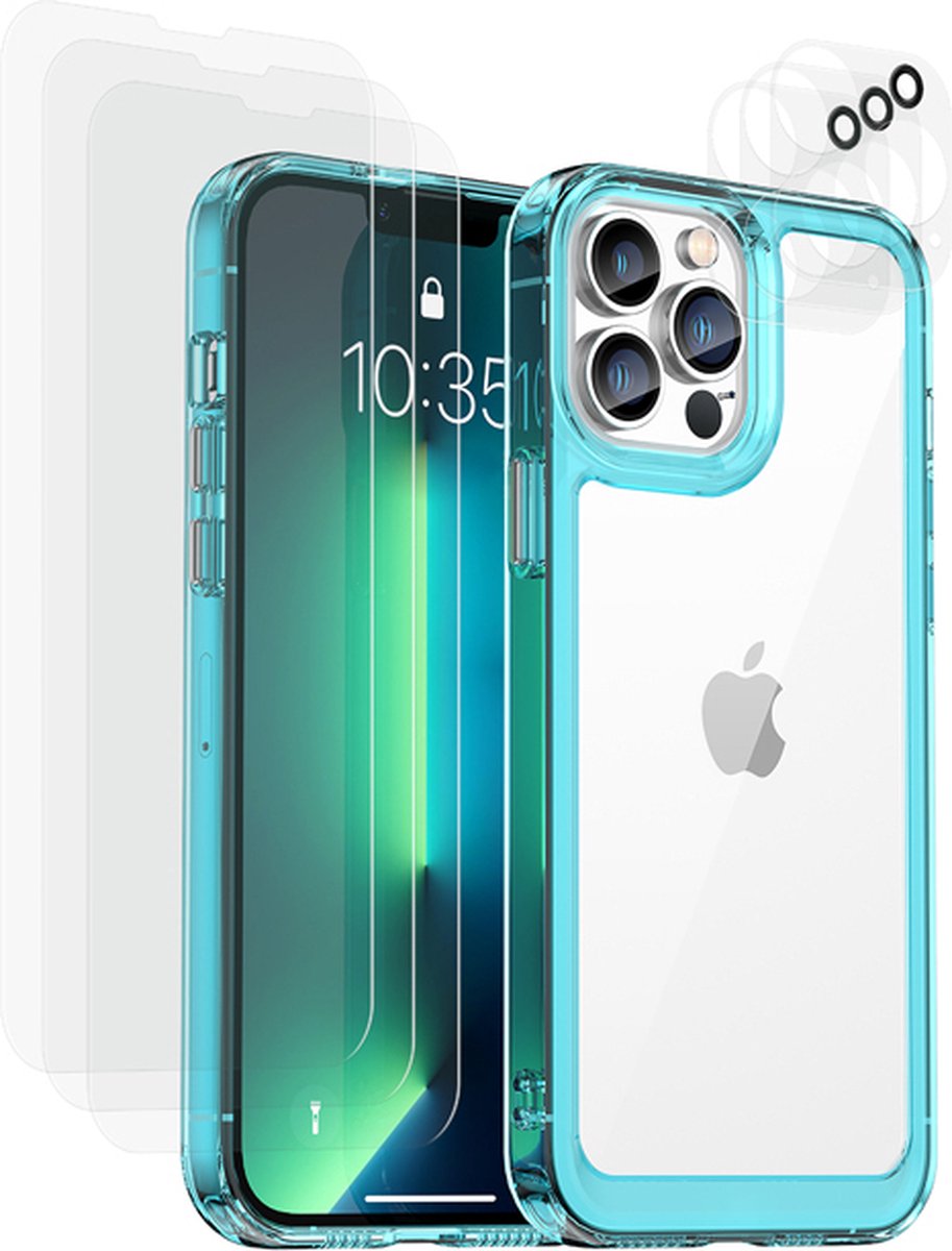 Eko, Hoesje geschikt voor iPhone 13 Pro - met 6 Tempered Glass Screenprotectors, Lichtblauw
