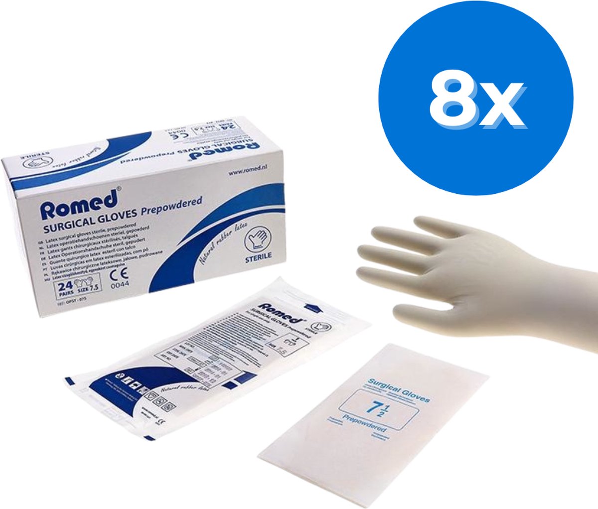 Goedkoopste Romed latex operatiehandschoenen gepoederd steriel verpakt - Set van 8 doosjes Maat 9.0 Romed