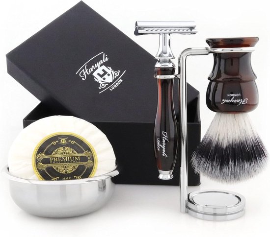 Haryali London scheerset met scheermes, kwast, kom, zeep en standaard, in geschenkdoos.