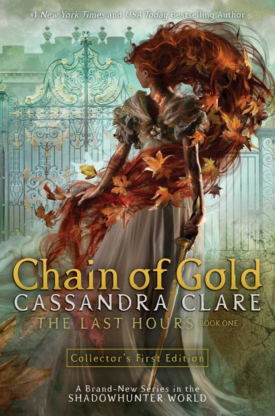 Boekomslag 'Chain of Gold' door Cassandra Clare, met een vrouw met lang rood haar, een gouden scepter en herfstbladeren.