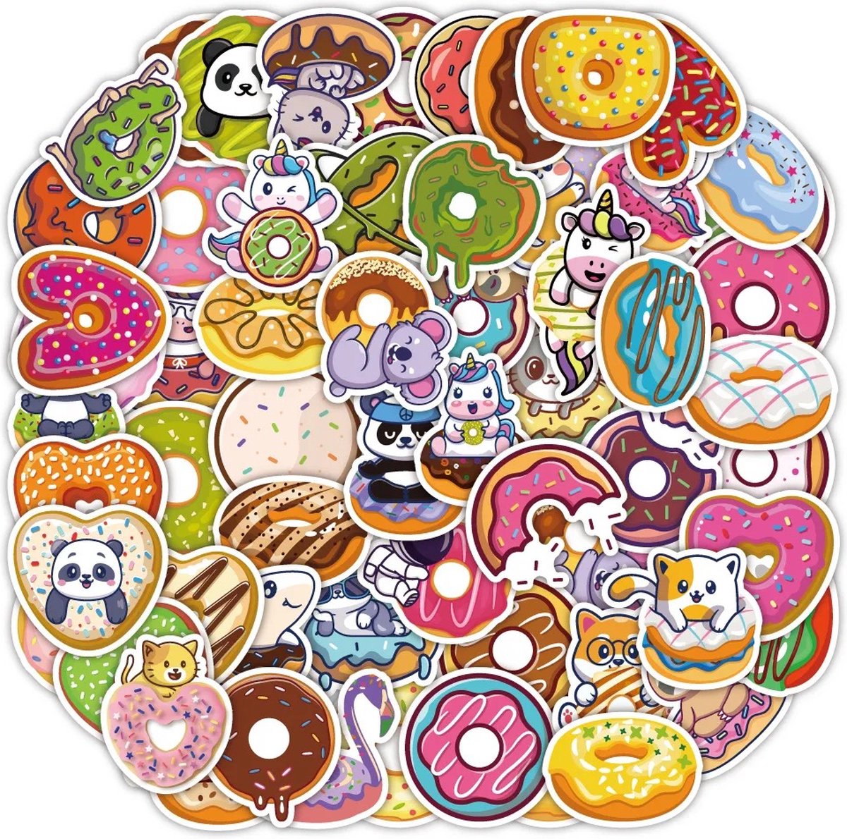Donut Stickers - Set van 50 Stuks - Zoetigheid - Dieren - Panda - Unicorn - Donuts - Stickers voor Laptop, Koffer, Bullet Journal en Planner - Stickers Kinderen - Volwassenen - Decoratieve Stickers - Creatief - Knutselen - Scrapbook