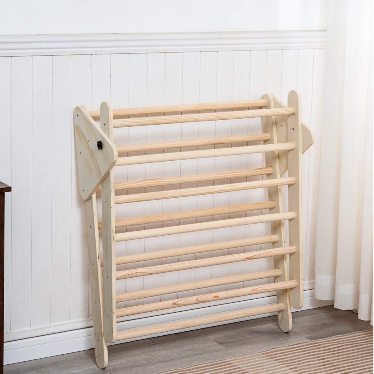 Buxibo XXL Klimrek - Opvouwbare Driehoek + Klimboog met Kussen + Helling met Glijbaan - Montessori Meubels Houten Speelgym - Naturel - 210x83x81cm — afbeelding 3