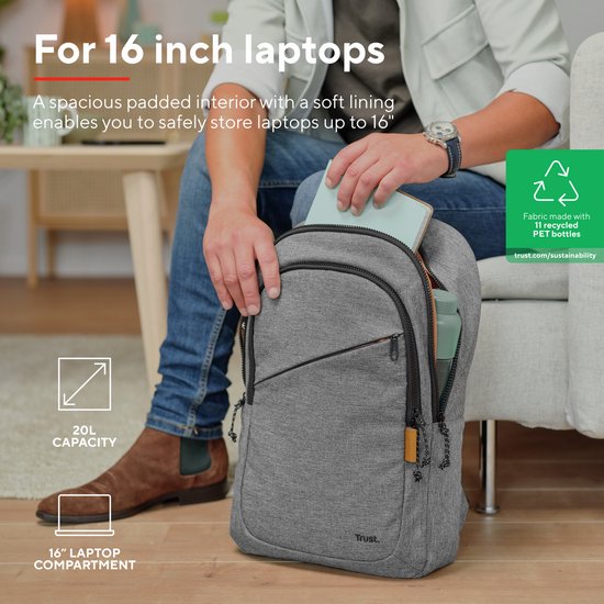 Trust Avana - Laptop Rugzak - 16 inch - Gerecycled materiaal - Grijs