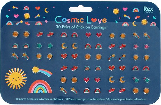 Ensemble de 30 paires de boucles d'oreilles adhésives thème cosmique, avec soleils, arcs-en-ciel, étoiles, lunes et cœurs.