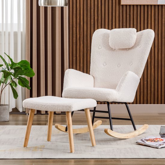 Sweiko Schommelstoel - Teddy fauteuil - Met hoofdsteun + hocker - Belastbaar 100kg - Wit