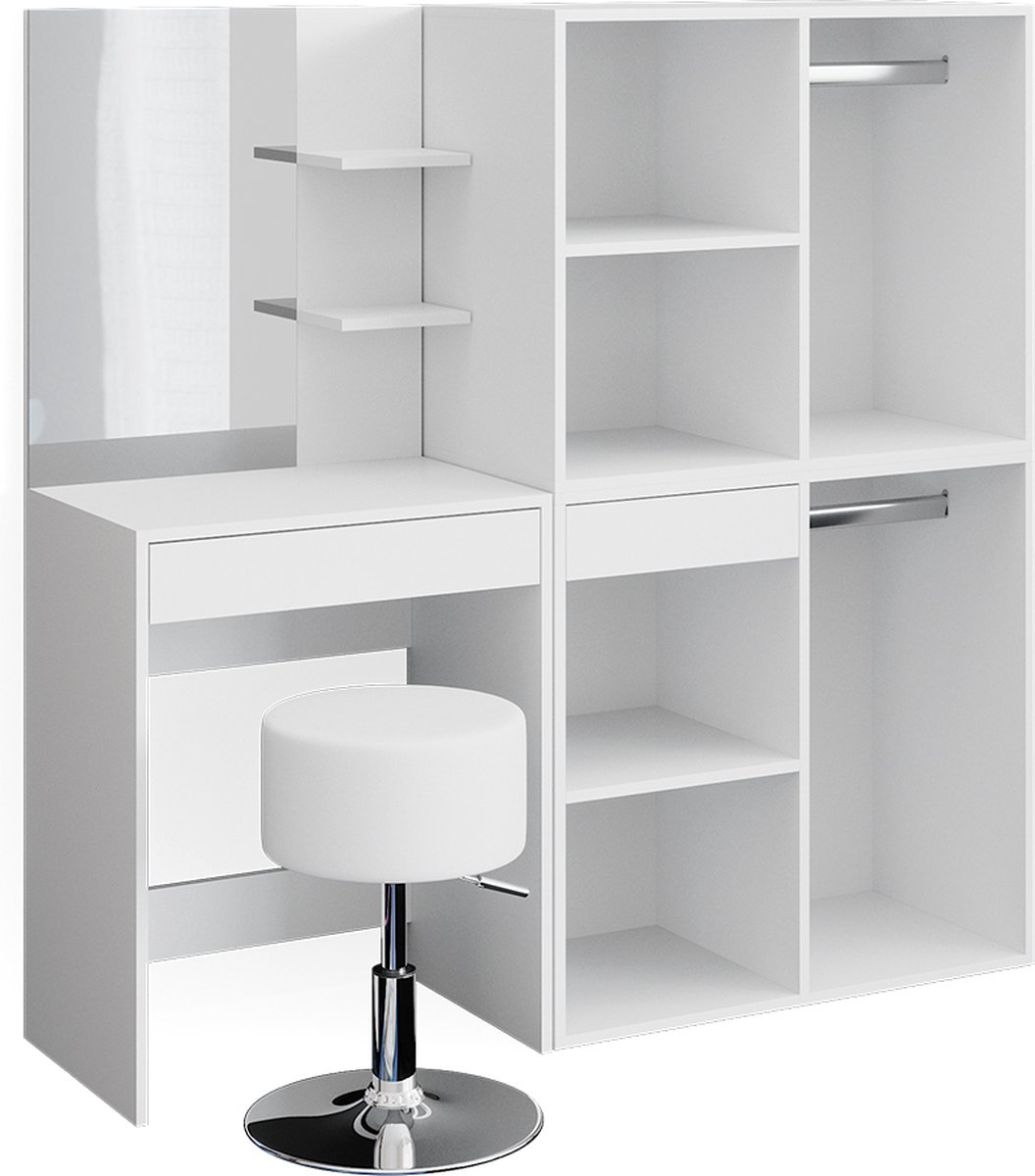 Vicco Kaptafel Isabelle, Wit, 140 cm met spiegel, kruk en 2 aanbouwkasten