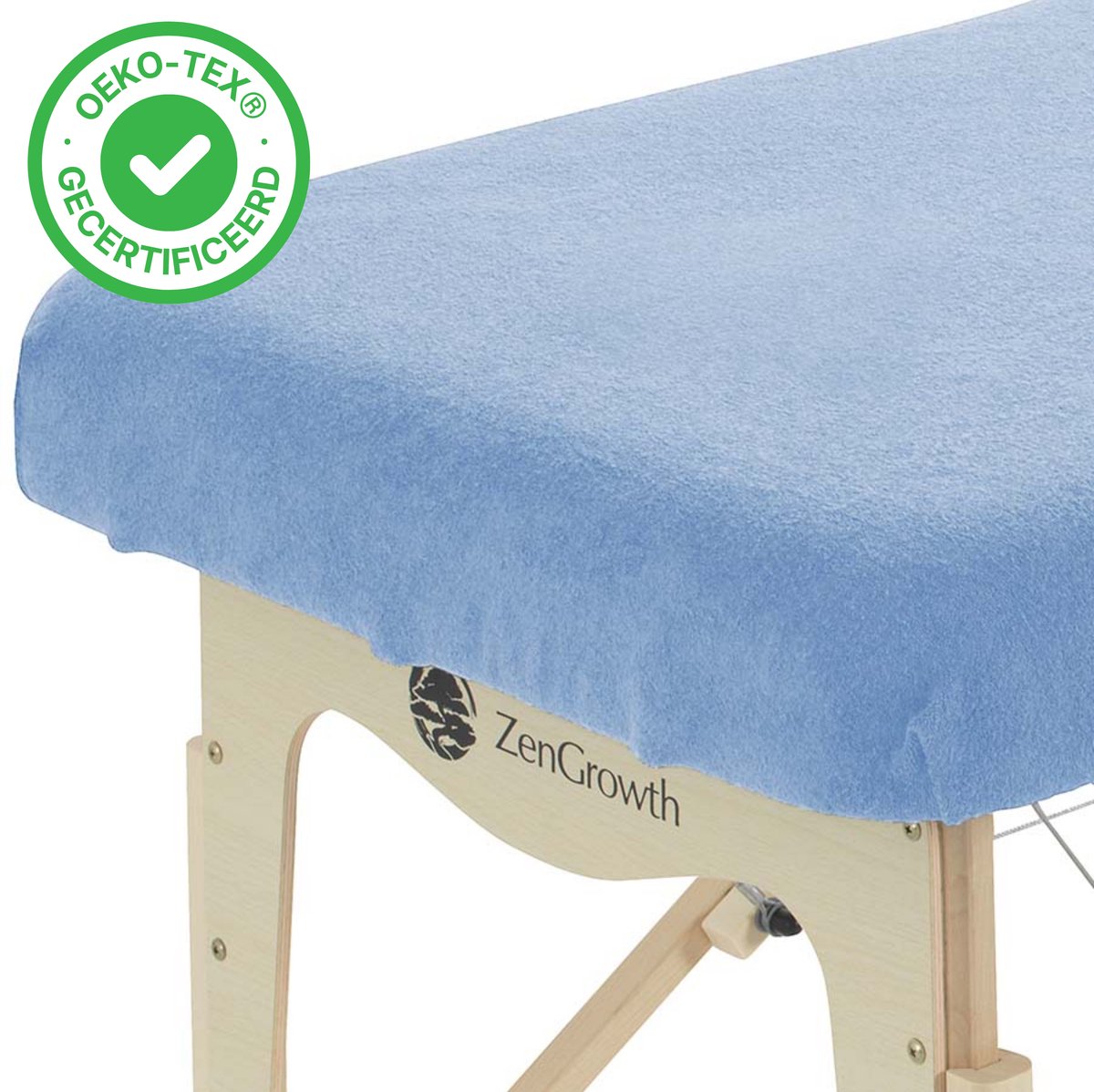 Goedkoopste ZenGrowth® Badstof Hoeslaken Massagetafel Lichtblauw – Zonder uitsparing – 280 gram/m2 dikte – Geschikt voor massagetafels met lengte 180 tot 185 cm – 63 tot 71 cm breedte – Stretch materiaal