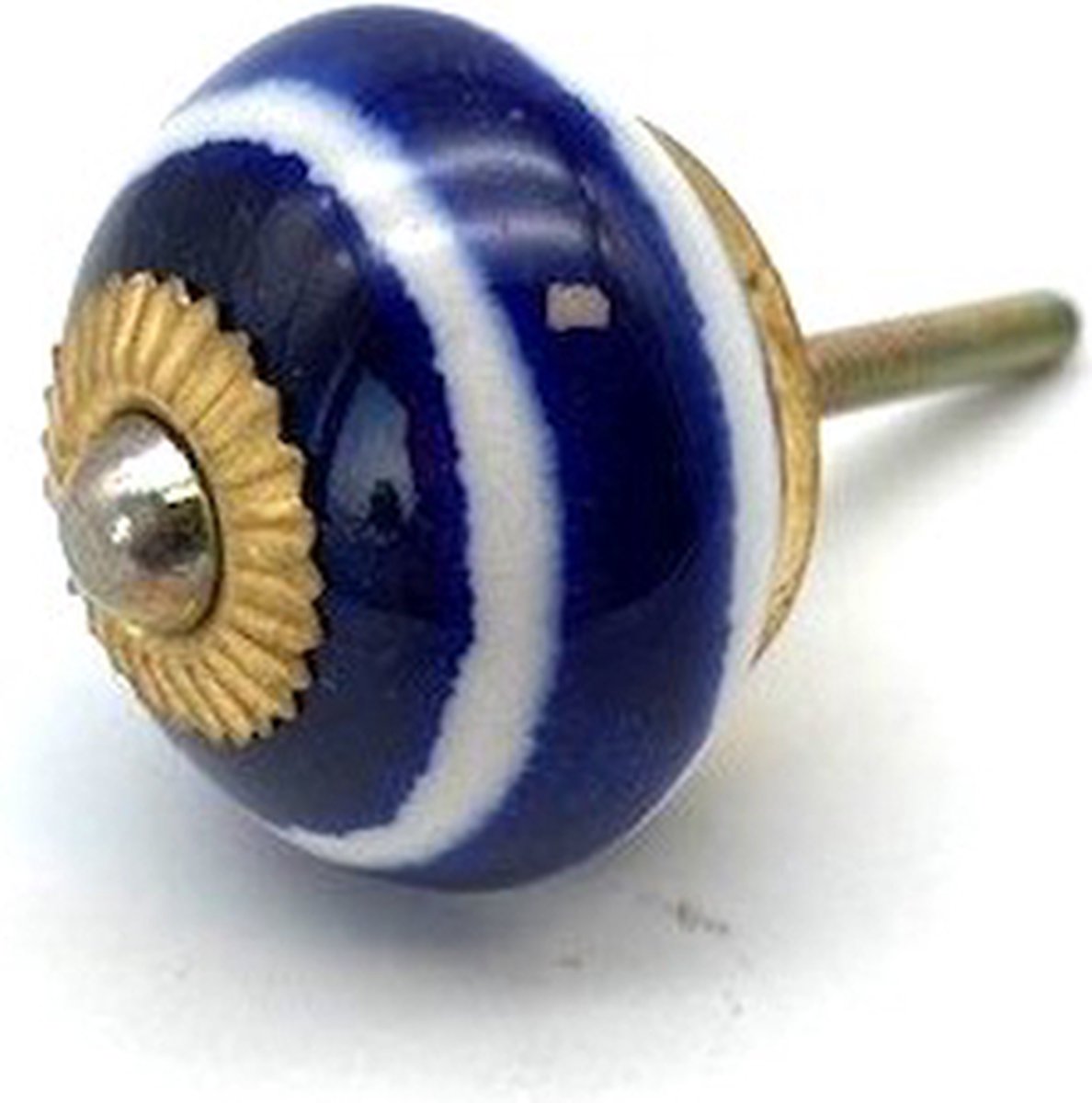 Porseleinen Knop Blauw met witte strepen 40mm handgeschilderd