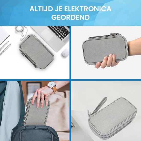 Grijze etui georganiseerd met elektronica, in de hand, in een tas en op een bureau.