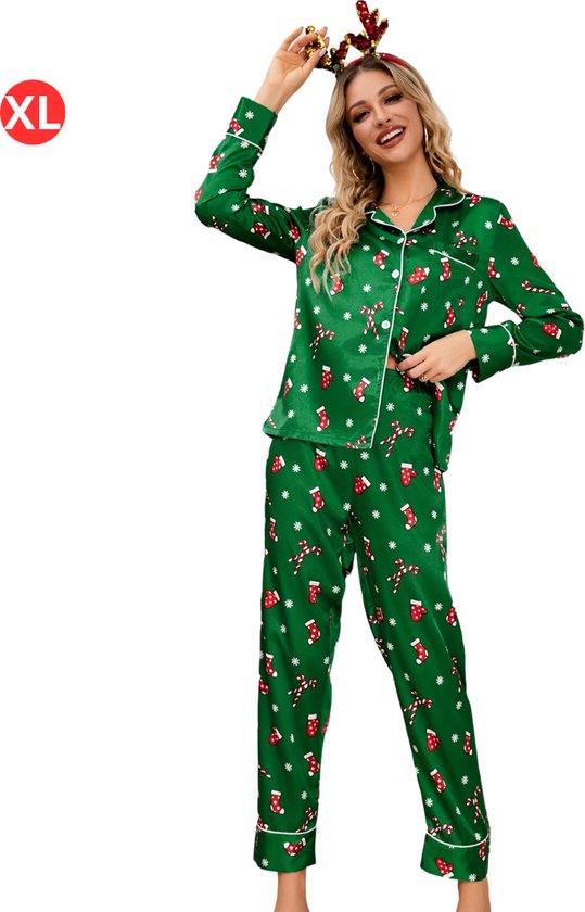 Pyjama de Noël Nivard - Pyjama de Noël - Noël - Dames - Femme - Adultes - Set - Pantalon - Chemise - Vert - Taille XL