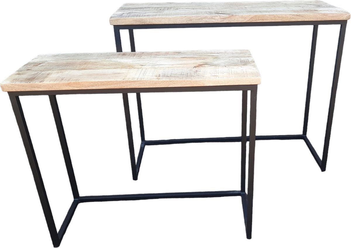 Furnilux Sidetable set van 2 - Mangohout - Zwart Metaal - 100 x 38,5 x 81 cm / 79,5 30 x 71 cm Naturel