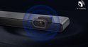 Zwarte soundbar met een verhoogde speaker in het midden. Blauwe geluidsgolven illustreren de Hi-Fi speaker.