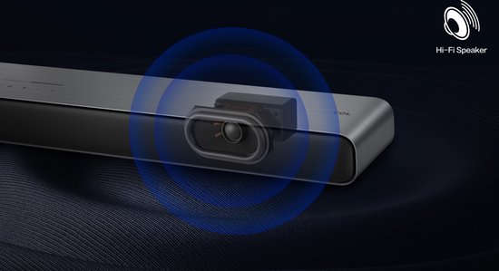 Zwarte soundbar met een verhoogde speaker in het midden. Blauwe geluidsgolven illustreren de Hi-Fi speaker.