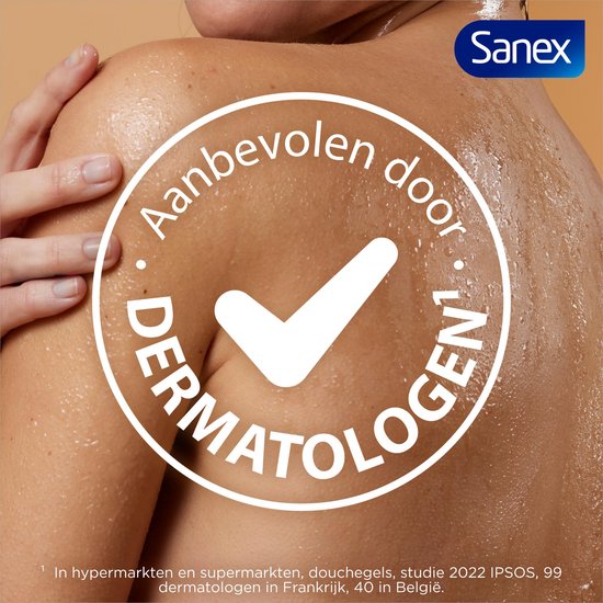 Close-up van een vrouwelijk lichaam met waterdruppels. Een cirkel met een vinkje en de tekst: Aanbevolen door dermatologen.