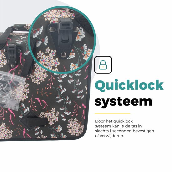 Voltano Enkele Shopper Fietstas - 17 Liter - Pink Elegance - Zwart Met Witte Bloemen - Waterdicht - Luxe Universele Bevestiging van Voltano — afbeelding 5