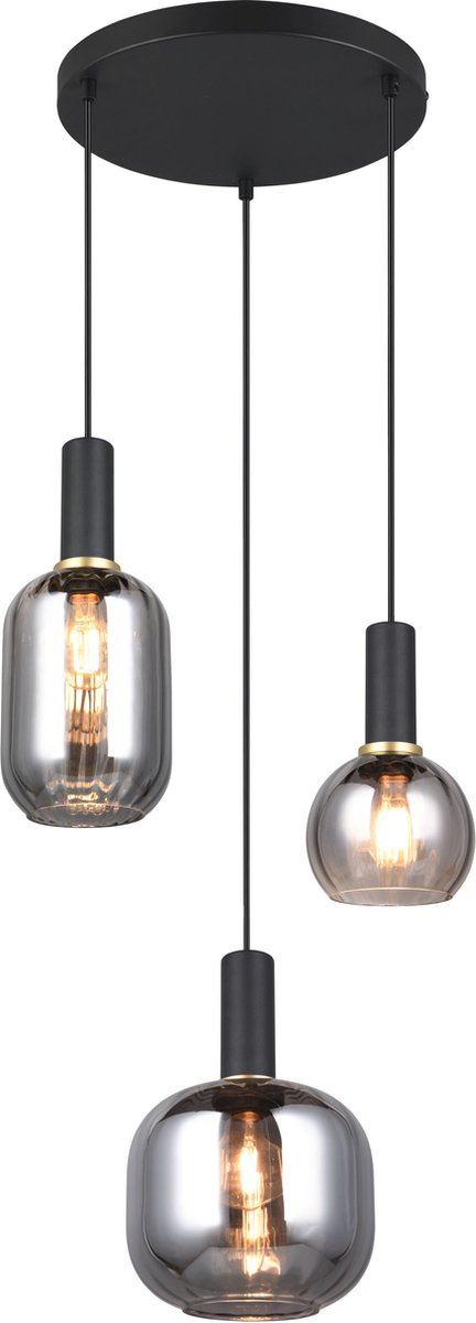 TRIO DIVA - Hanglamp - Zwart mat - Rookglas - excl. 3x E27 7 W - Plafondbevestiging - In hoogte verstelbaar