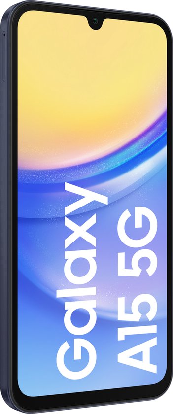 Donkerblauwe Samsung Galaxy A15 5G smartphone met V-vormige inkeping en tekst op het scherm.