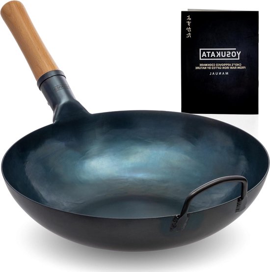 Wokpan inductie - Grote YOSUKATA Koolstofstalen Roerbakpan 34 cm - Voorbehandelde Wok Platte Bodem - Pow Wok - Traditionele Chinese - Gas Inductie Elektrisch Vuur Wokpan inductie