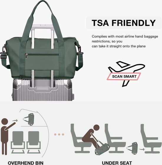 Sac de voyage Femme Sac de sport 40x20x25 Ryanair Sac Bagage à main Sac week-end Sac de natation étanche Sac de voyage Sac polochon Sac de fitness Sac d'entraînement femme pour voyager salle de sport,A1-vert