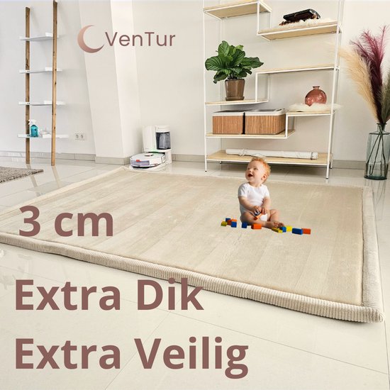 VenTur Speelmat - 200 x 150cm - 3cm Extra Dik en Zacht - Beige - Extra Veilig voor Kinderen - Modern Duurzaam Design - Grote Babymat - Extra Dikke Antislip Speelkleed - Kindermat - Speeltapijt - Speel mat - Opvouwbaar - Anti-slip - Geheugenschuim