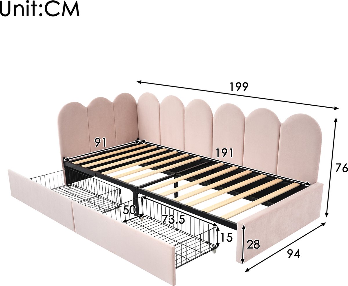Sweiko Gestoffeerd bed Eenpersoonsbed Opbergbed met Lades Fluwelen slaapbank 90x190cm Jeugdbed en volwassen bed met Vlak noedelsframe, Roze (zonder matras) — cadeau in Cadeau-ideeën - foto 3