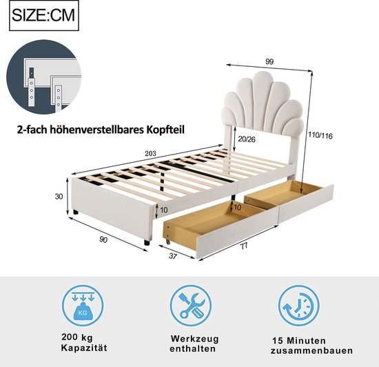Gestoffeerd Bed 90 X 200 Cm Kinderbedframe Met 2 Opberglades Met Hoofdeinde Voeteinde En Lattenbodem Tweepersoonsbed Fluweel Gestoffeerd Tienerbed Beige Extra Bed