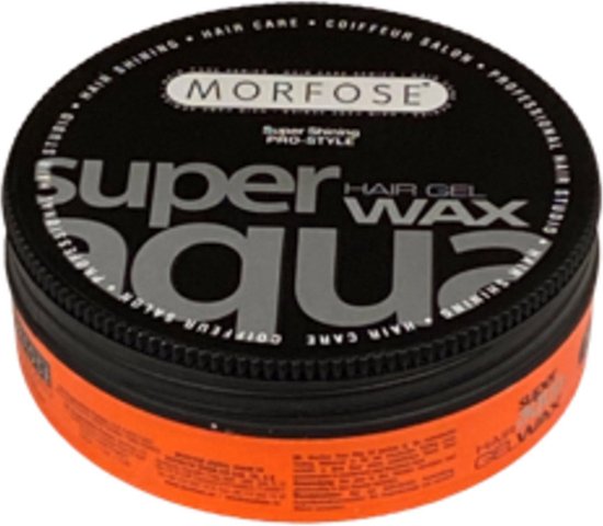 Morfose Super Aqua Hair Gel Wax pot met zwarte deksel en oranje band. Tekst: "super aqua HAIR GEL WAX"