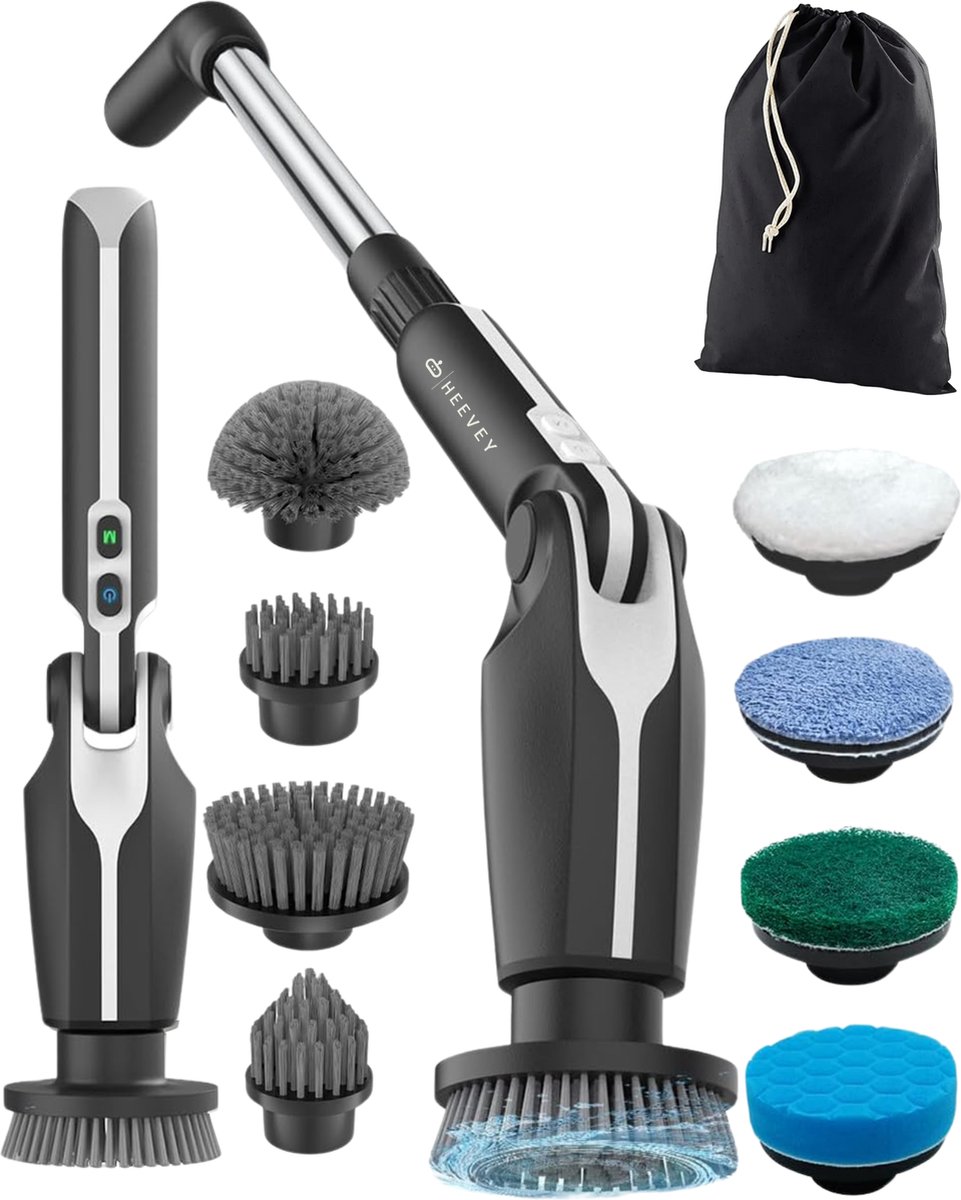 Goedkoopste Heevey Elektrische Schoonmaakborstel - Schrobborstel - Poetsmachine - Schrobber - Scrubber - 8 opzetstukken - Geschikt voor badkamer & keuken