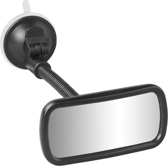Rétroviseur de voiture noir avec grand angle de vision, fixé par une ventouse et un bras flexible.
