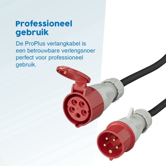 Rode en witte CEE stekkers en koppelingen van een zwart verlengsnoer.