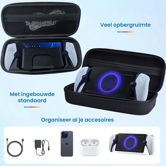 Zwarte opbergkoffer met een Playstation Portal, controllers en accessoires. "Veel opbergruimte". "Met ingebouwde standaard". "Organiseer al je accessoires".