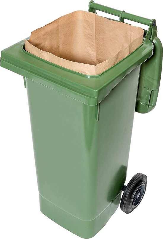 Conteneur à déchets verts vert avec un sac en papier brun à l'intérieur.