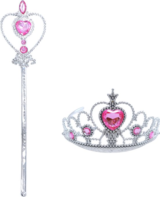 Joya Kids® Prinsessen Accessoireset | Set van 2 | Kroon met Toverstaf set | Verkleedkleding Meisje | Roze