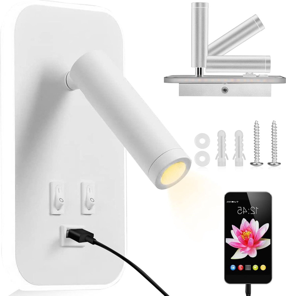 Wandlamp 3 W + 9 W verstelbaar met USB-oplaadpoort en schakelaar -ideaal voor woonkamer en