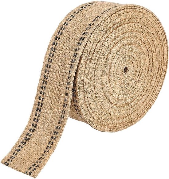 Foto: Rol 10 meter natuurlijke jute singelband met zwarte lijn 50 mm breed voor naaien doe het zelf woondecoratie geschenkverpakking bruin