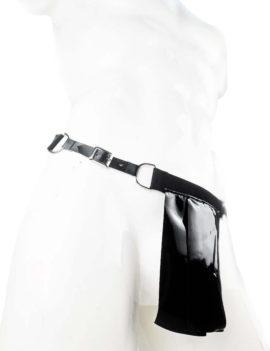Goedkoopste BamBella® String Man -Maat XXL - sexy ondergoed Lingerie Heren -Open voorkant onderbroek Datex (Mix latex en stof) - Zwart mannen string Imitatie leer SM BDSM kleding