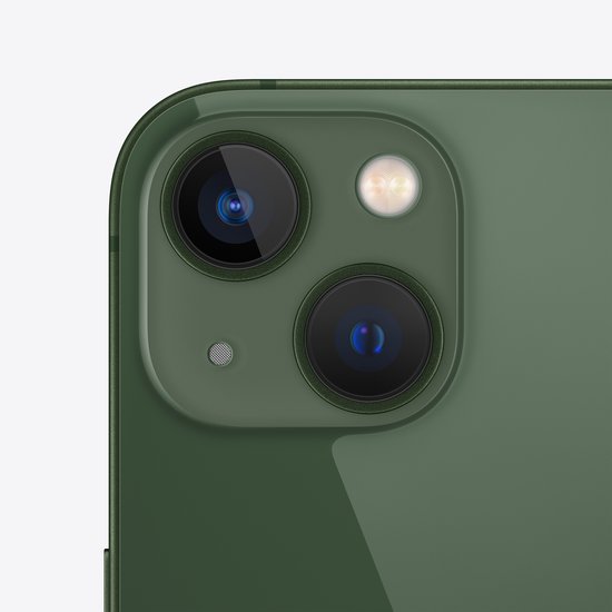 Close-up van de dubbele camera, flitser en microfoon van een groene iPhone.