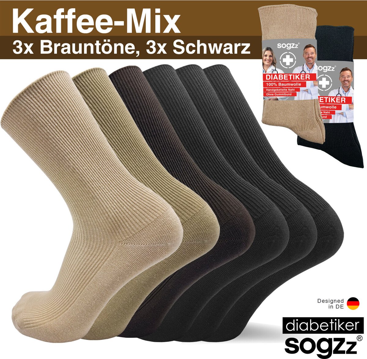 SOGZZ® - 6 Paar Diabetes Sokken - Bruin Beige Assorti Kleuren Zonder Naad , Zonder Rubber 100% Katoen Unisex Maat 39/42