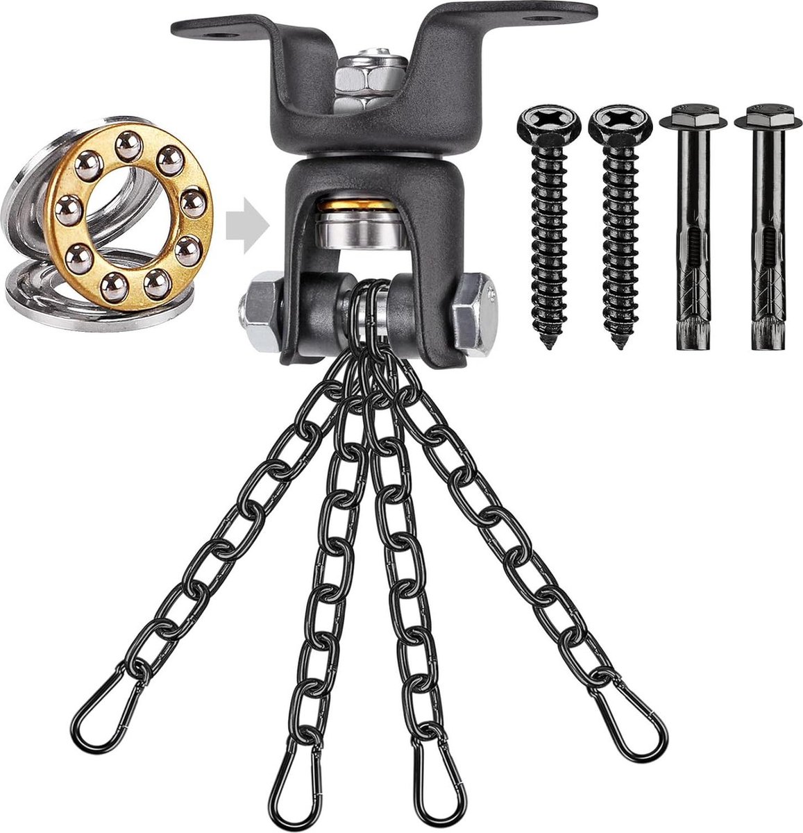 Bokszakketting Heavy Duty - 800 lbs capaciteit - 360 ° rotatie - houten balkhouder - 4 kettingen - 4 karabijnhaken - 2 houtschroeven