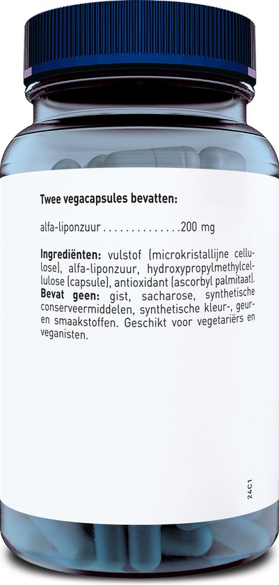 Orthica Alfa-Liponzuur: pot met 60 vegacapsules, ingrediëntenlijst.